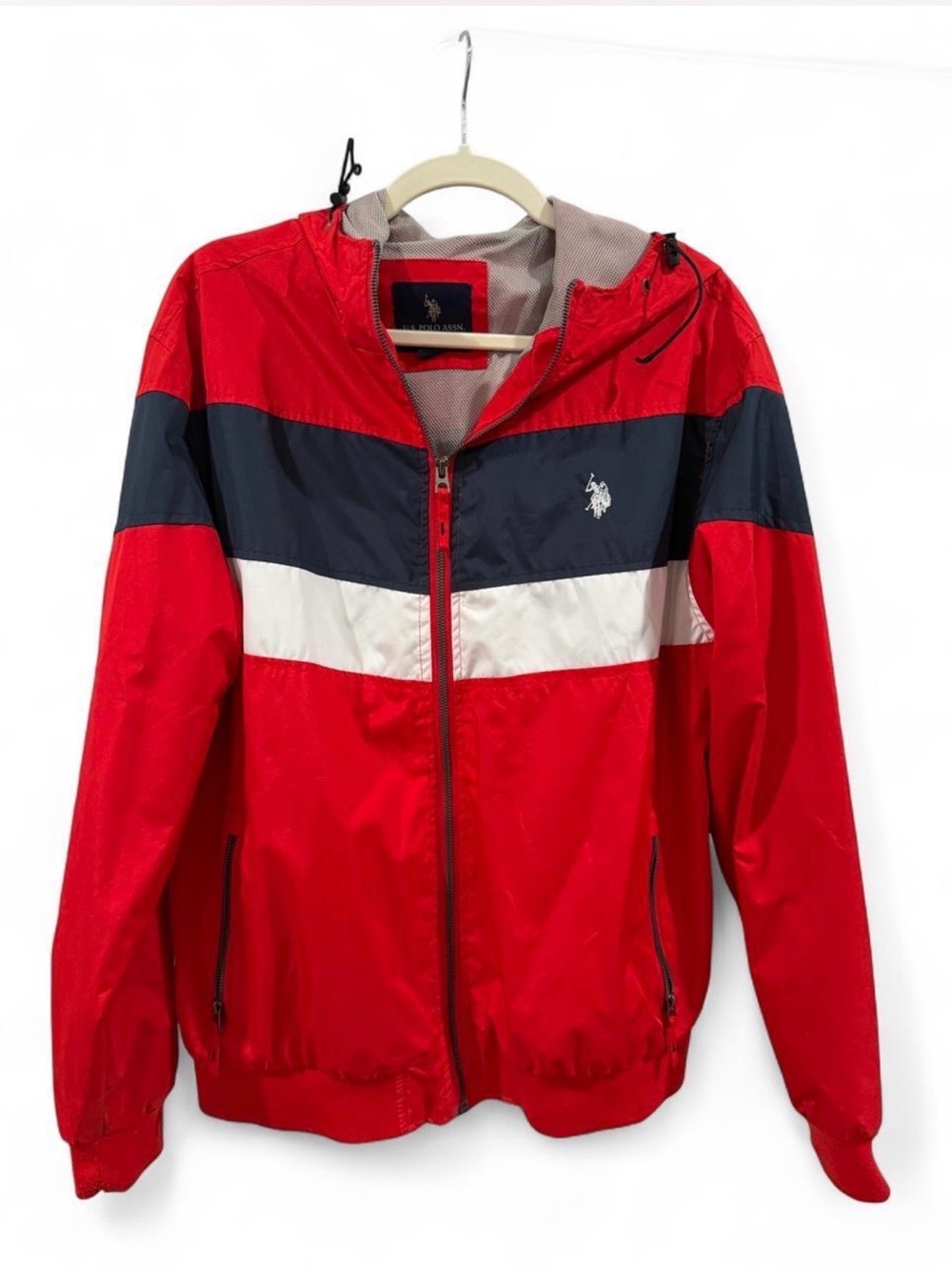U.S. Polo Assn. Red Navy White Colorblock Hooded Windbreaker